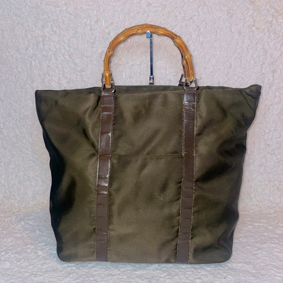 Gucci Handbags - Gucci Vintage Bamboo Handle Nylon Leather Large Shopper Tote Olive Green Brown